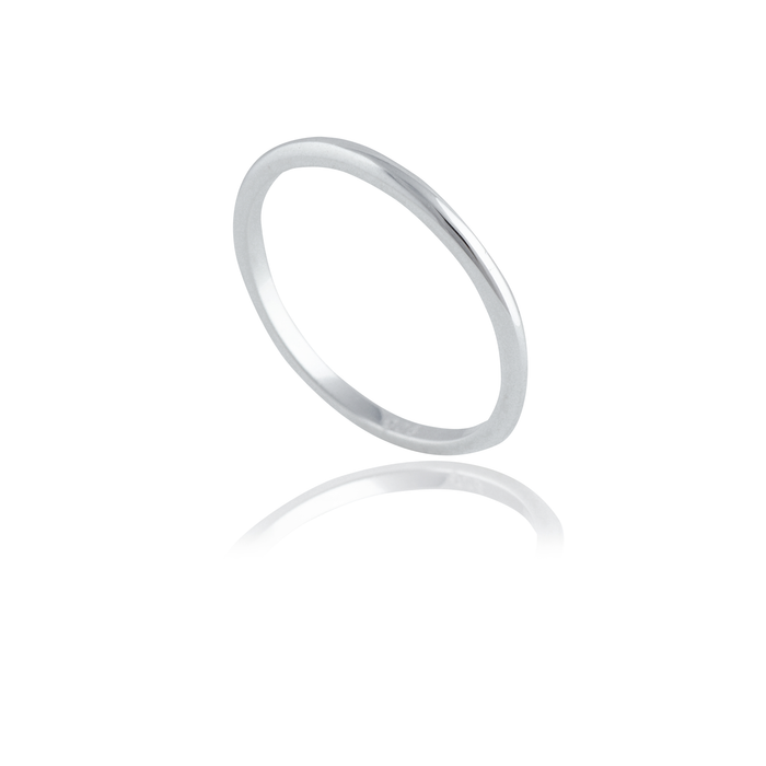 A slim silver ring angled slightly, displayed against a white background.