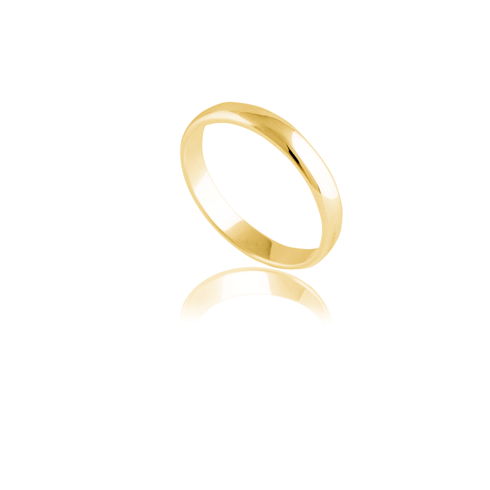 A polished gold ring with a subtle reflective surface is displayed on a white background.