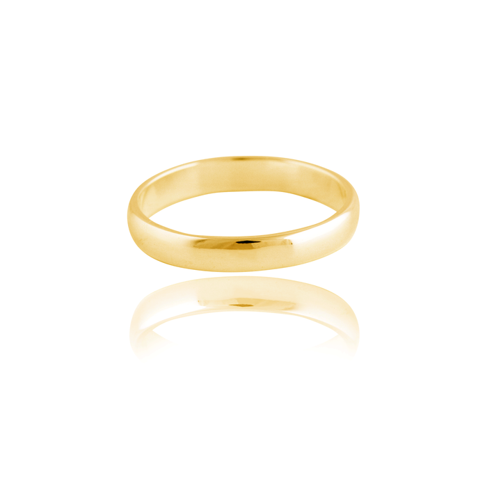 A polished gold ring with a subtle reflective surface is displayed on a white background.