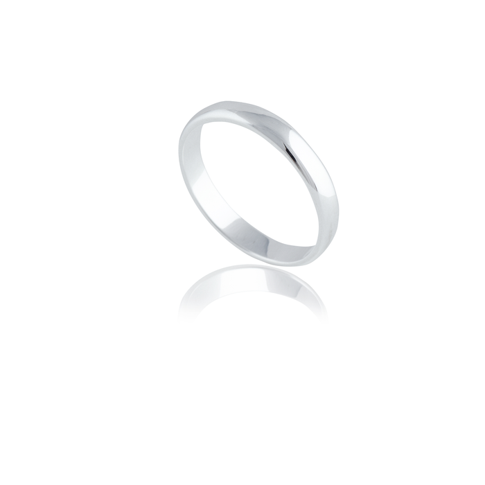 A polished silver ring with a subtle reflective surface is displayed on a white background.