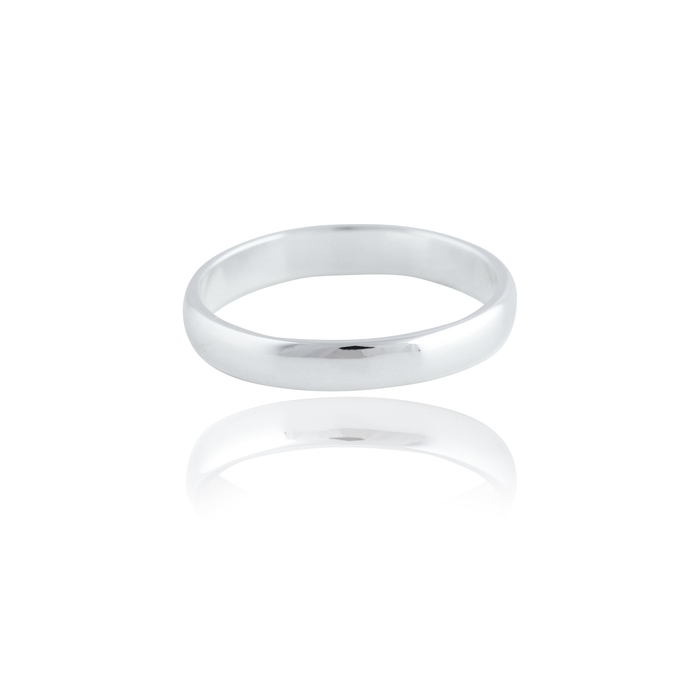 A polished silver ring with a subtle reflective surface is displayed on a white background.