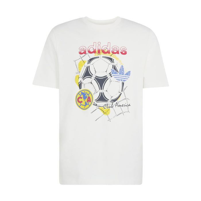 Men's white graphic tee with Adidas logo and soccer ball Club America artwork