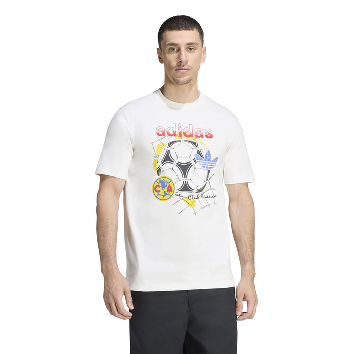 Men's white graphic tee with Adidas logo and soccer ball Club America artwork