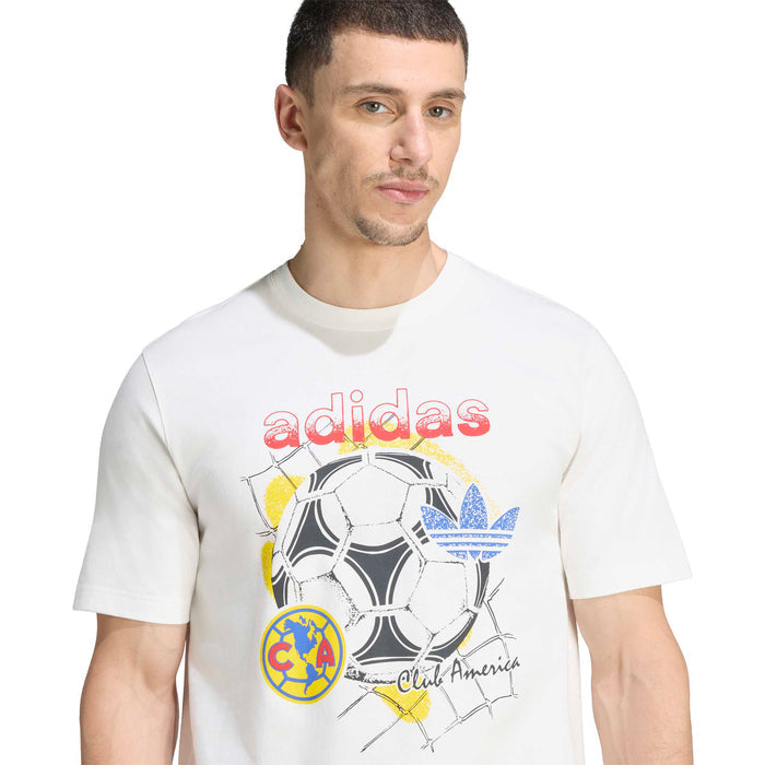 Men's white graphic tee with Adidas logo and soccer ball Club America artwork, close