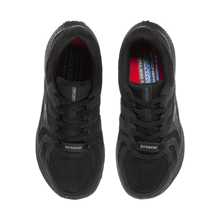 Men's black lace-up sneakers, front view with padded tongue and branded insoles