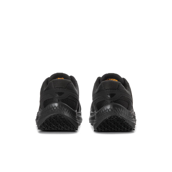 Men's black lace-up sneakers, heel view with supportive back and traction tread