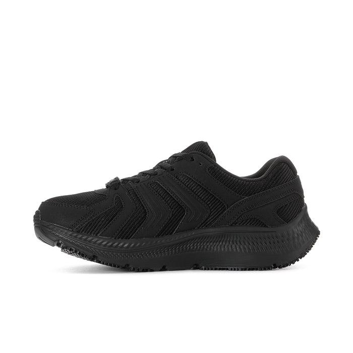 Men's black lace-up athletic sneakers, side view with rugged treaded outsole