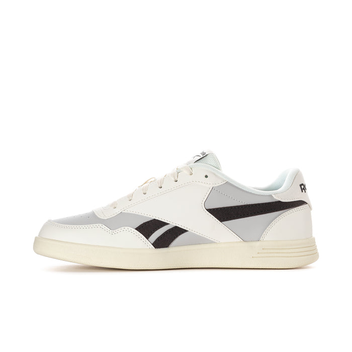 Men's white court sneakers with black stripes and light-blue collar, cream midsole