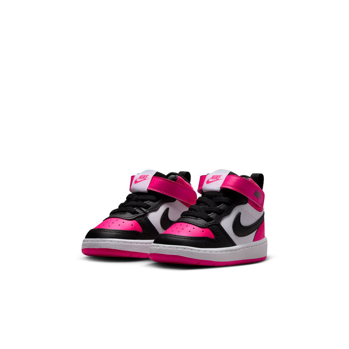Pair of toddler mid-top sneakers in white, black, and bright pink