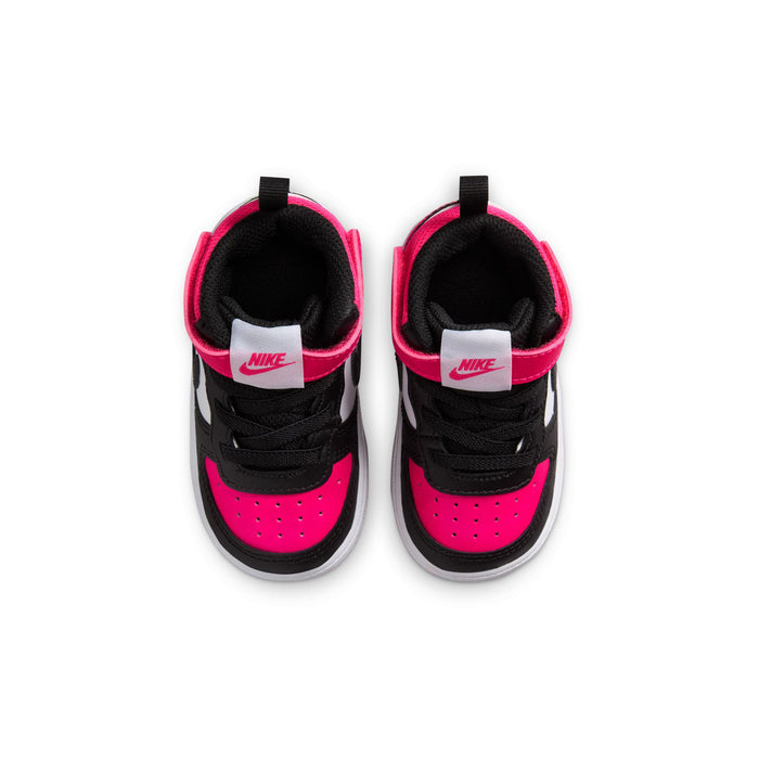 Toddler mid-top sneakers viewed from heel and toe; white/black/bright pink