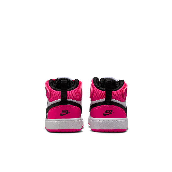 Toddler mid-top sneakers with black collar and bright pink heel tab