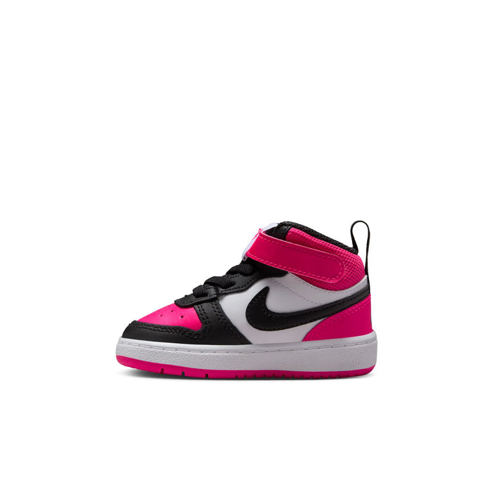 Single toddler mid-top sneaker in white, black, and bright pink