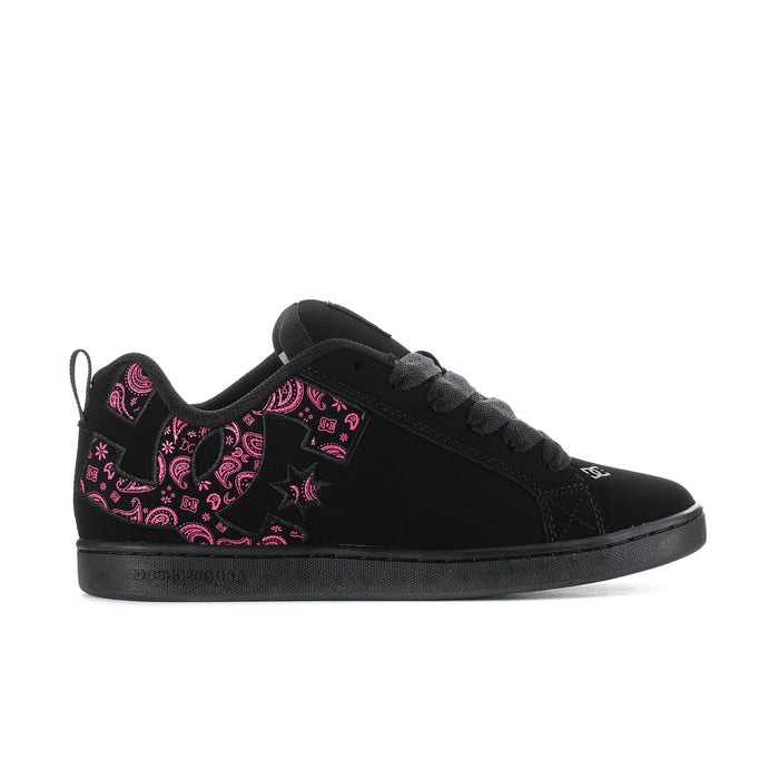 Black low-top lace-up sneakers with pink paisley graphic on tongue and side