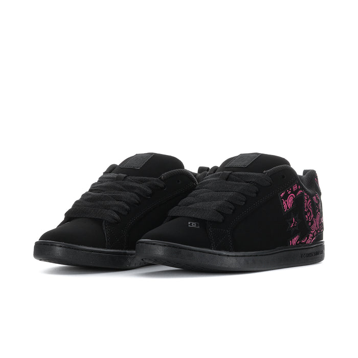 Black low-top lace-up sneakers with pink paisley heel detail