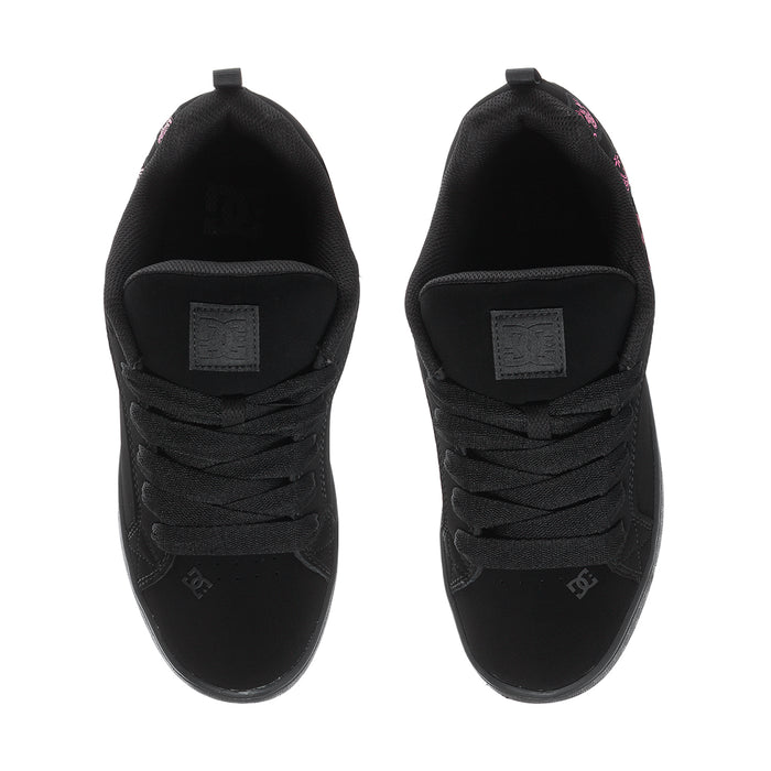 Black low-top lace-up sneakers with padded tongue and collar, back view