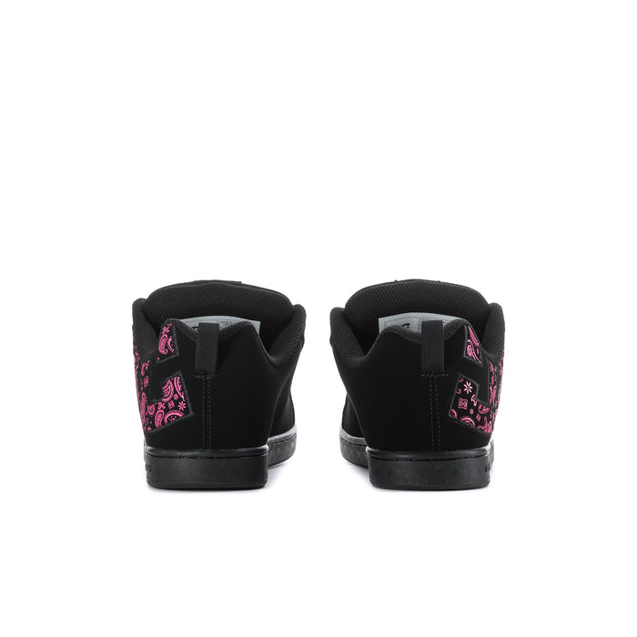 Black low-top lace-up sneakers with pink paisley heel panel and rear tab