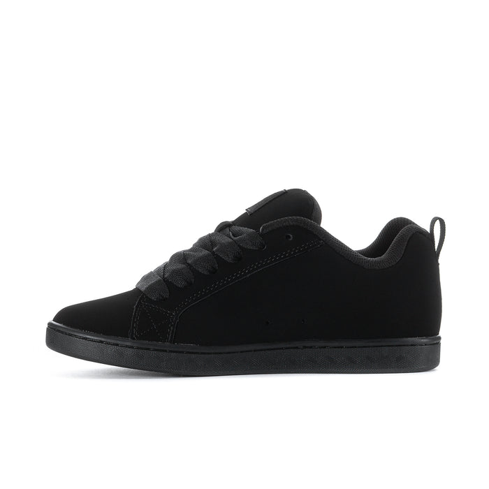 Black low-top lace-up sneakers with rubber cupsole and padded collar