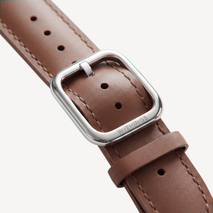 Curved Leather Wristband Dark Brown & Silver