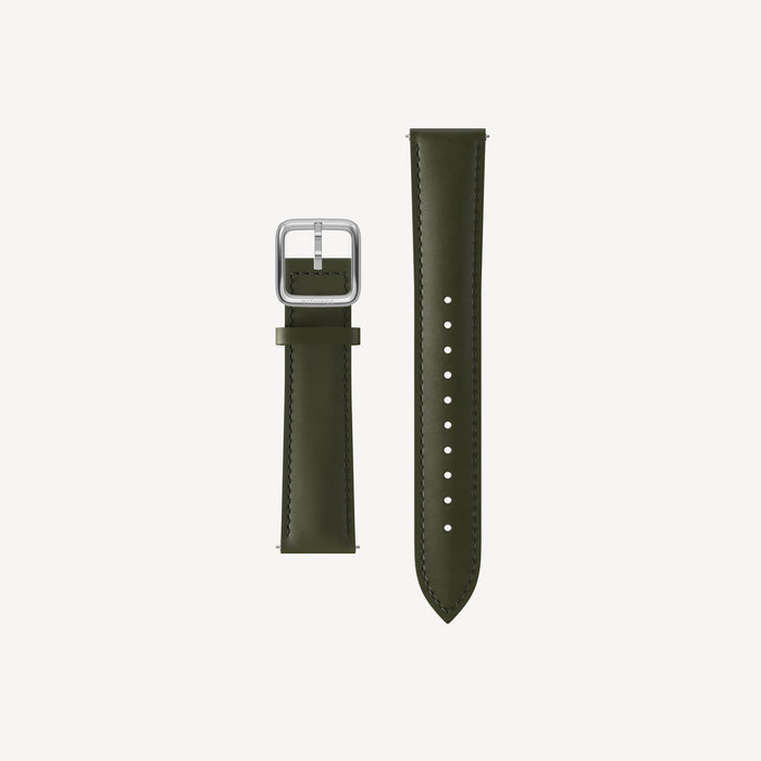 Curved Leather Wristband Kaki Green & Silver