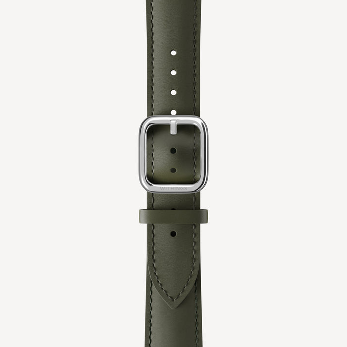 Curved Leather Wristband Kaki Green & Silver