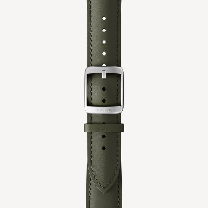 Curved Leather Wristband Kaki Green & Silver