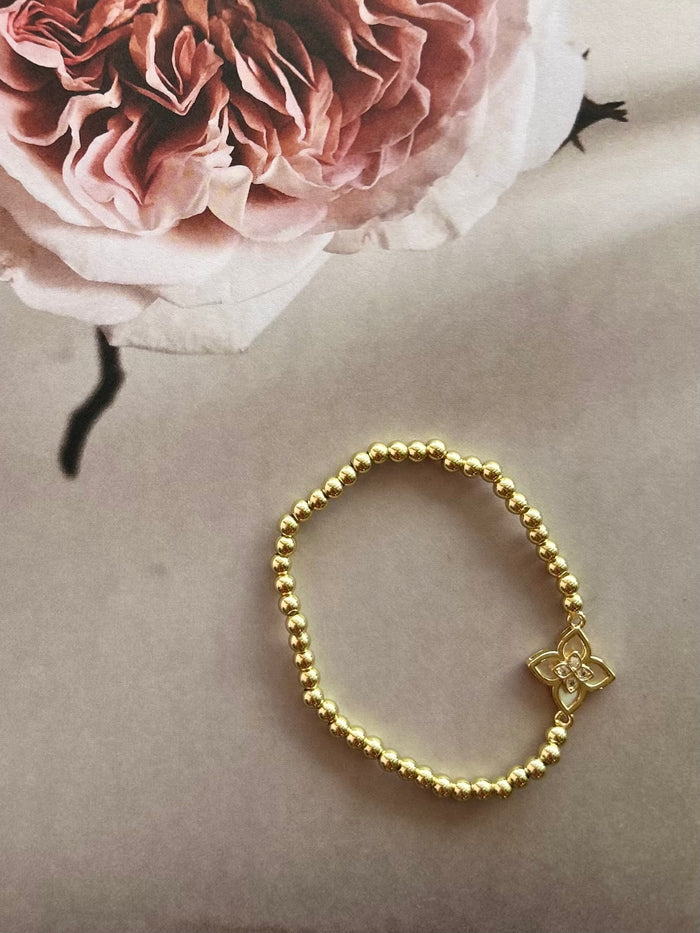 CZ Mother of Pearl Flower with CZ Stretch Ball Bracelet