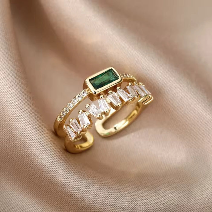 Dainty Golden Double Layer Green Stone Zircon Adjustable Finger Ring for Women