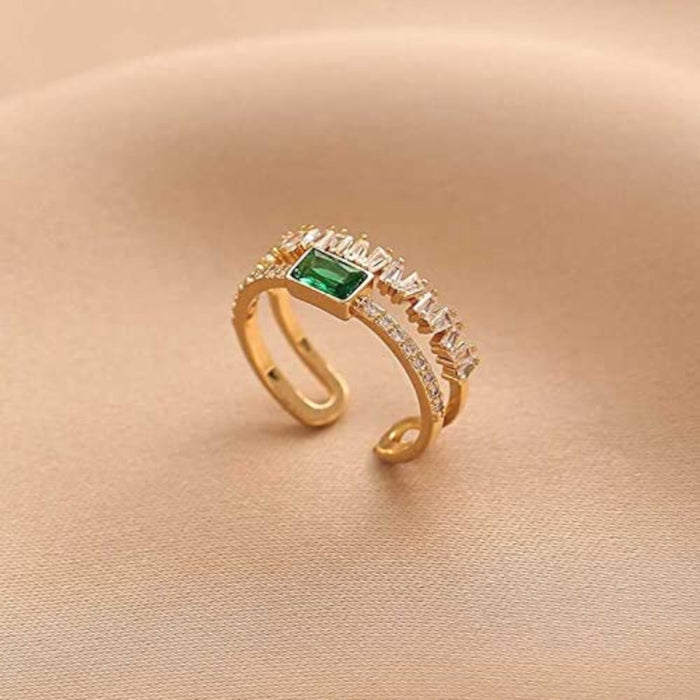 Dainty Golden Double Layer Green Stone Zircon Adjustable Finger Ring for Women
