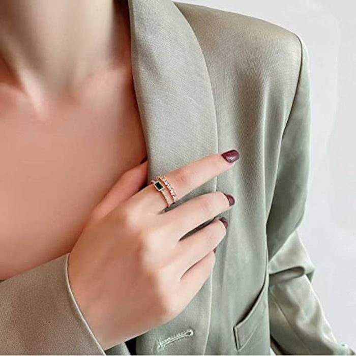 Dainty Golden Double Layer Green Stone Zircon Adjustable Finger Ring for Women