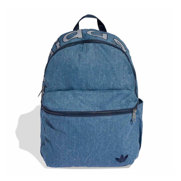 Light denim backpack with top handle, front zipper pocket, and side logo patch