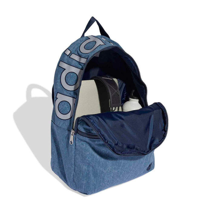 Light denim backpack open-top view showing inner lining and zipper closure