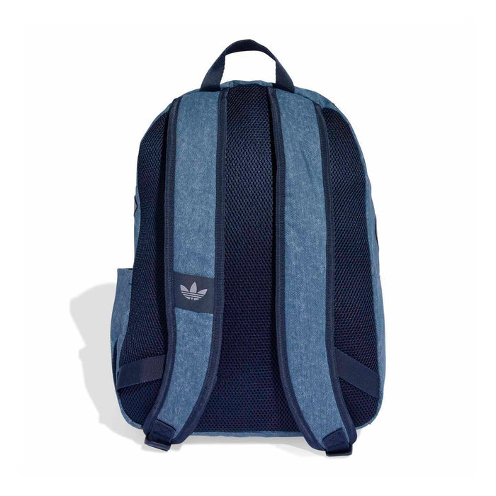 Light denim backpack back view with padded mesh shoulder straps