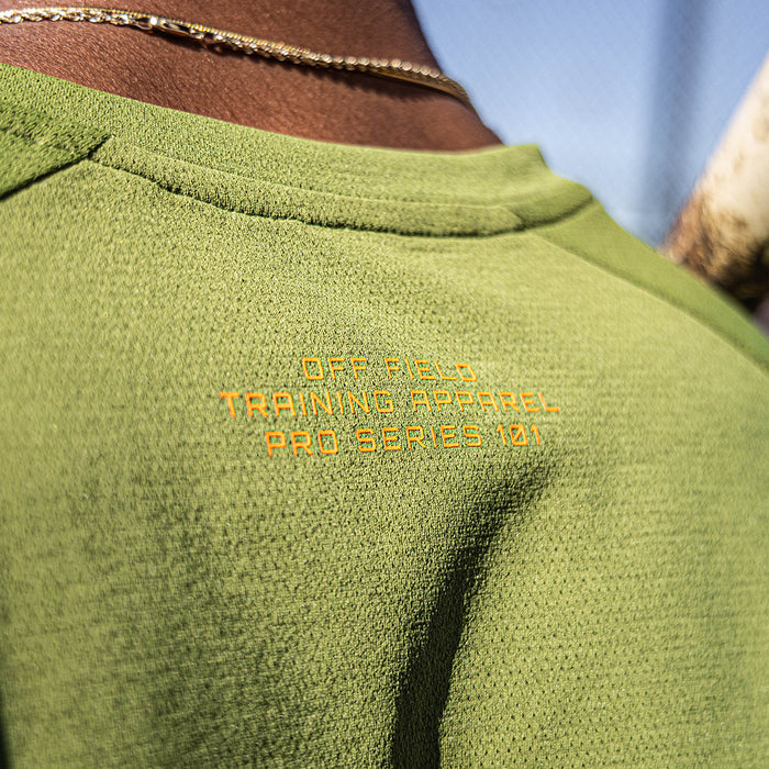 Olive green and orange Diamond Tech youth graphic tee — back view