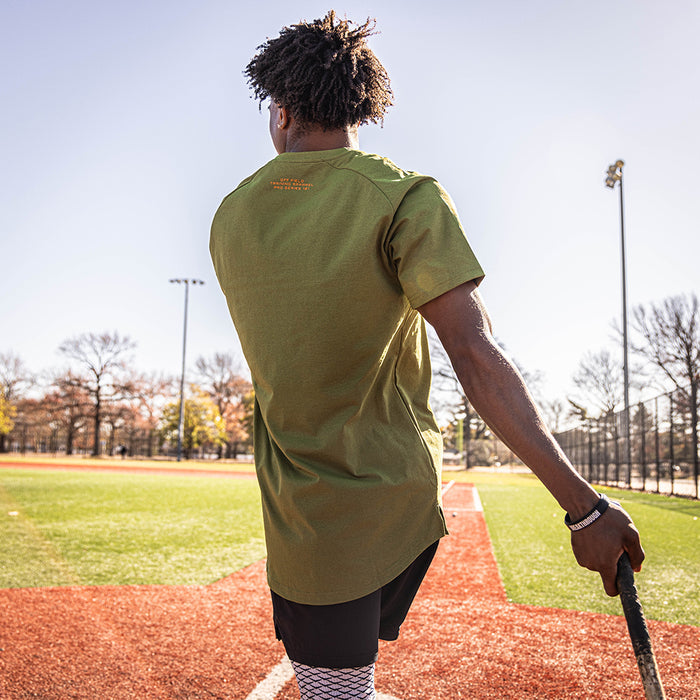 Olive green and orange Diamond Tech graphic tee — back view