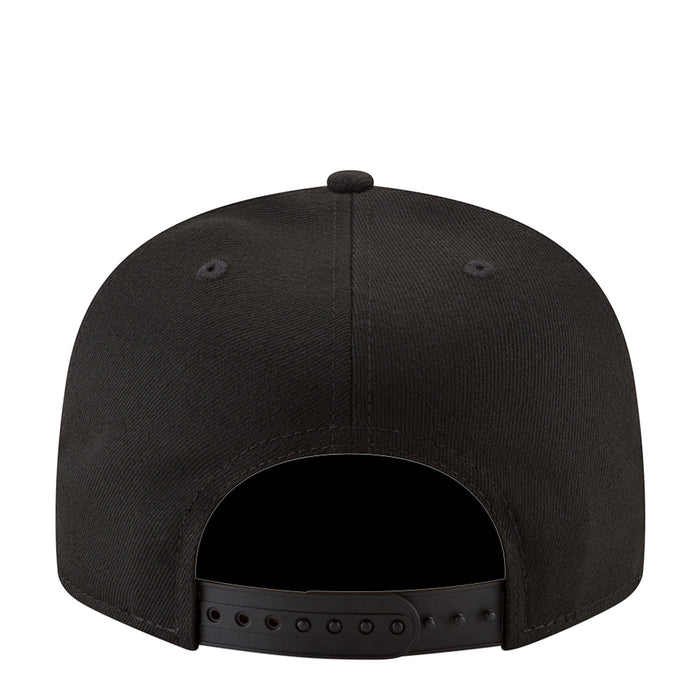 Black baseball cap back view with adjustable strap and ventilation eyelets