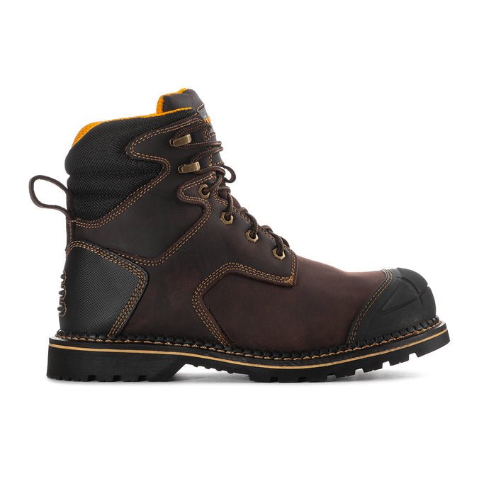Men's steel-toe work boot, brown leather with black collar and orange lining; laced.