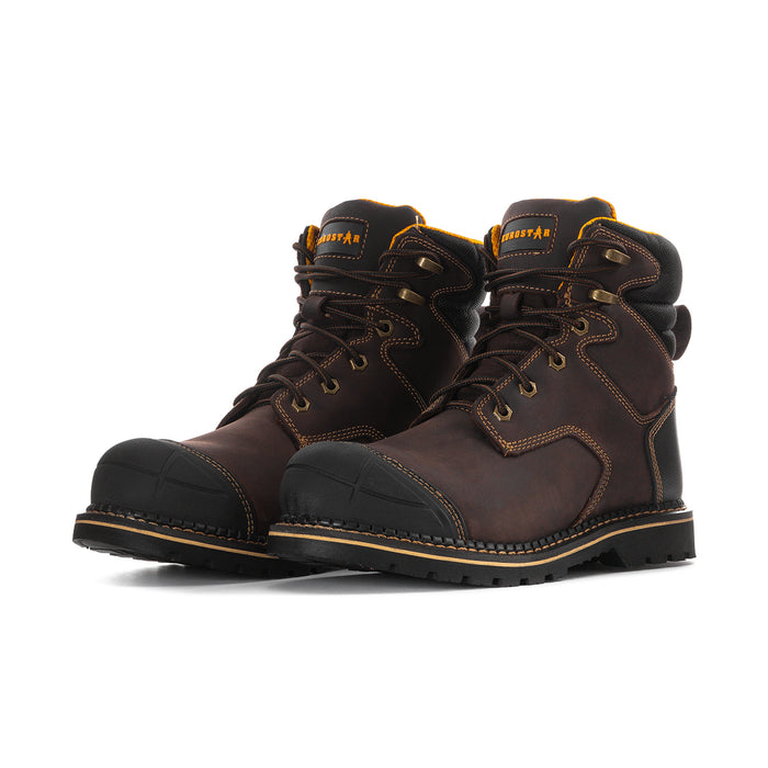 Men's steel-toe work boots, brown leather with black uppers and orange lining; paired front.