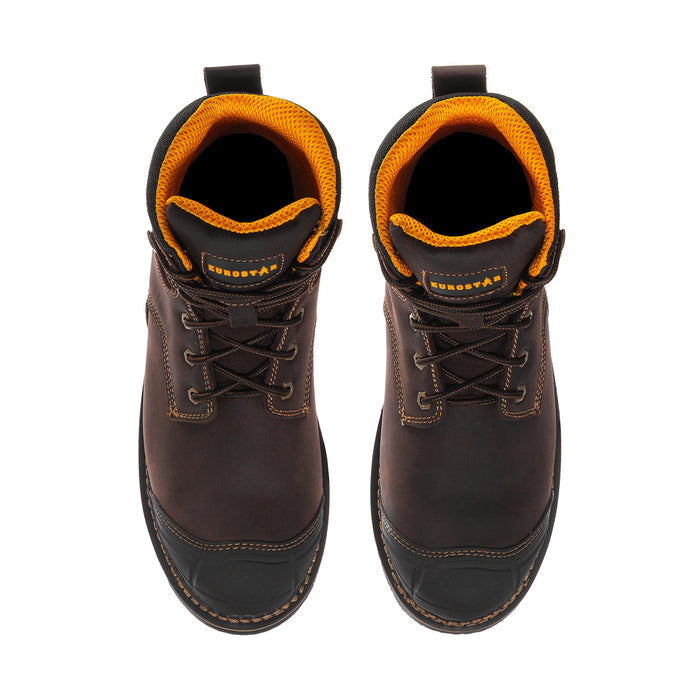 Men's steel-toe work boots, front view: orange-lined collar and black laces on brown leather.