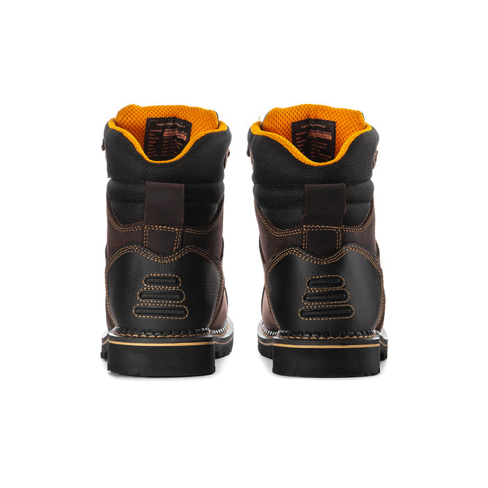 Men's steel-toe work boots, rear view: black heel and orange collar lining on brown uppers.