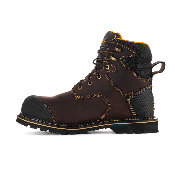 Men's steel-toe work boot, side profile with brown leather, black panels, and orange accents.