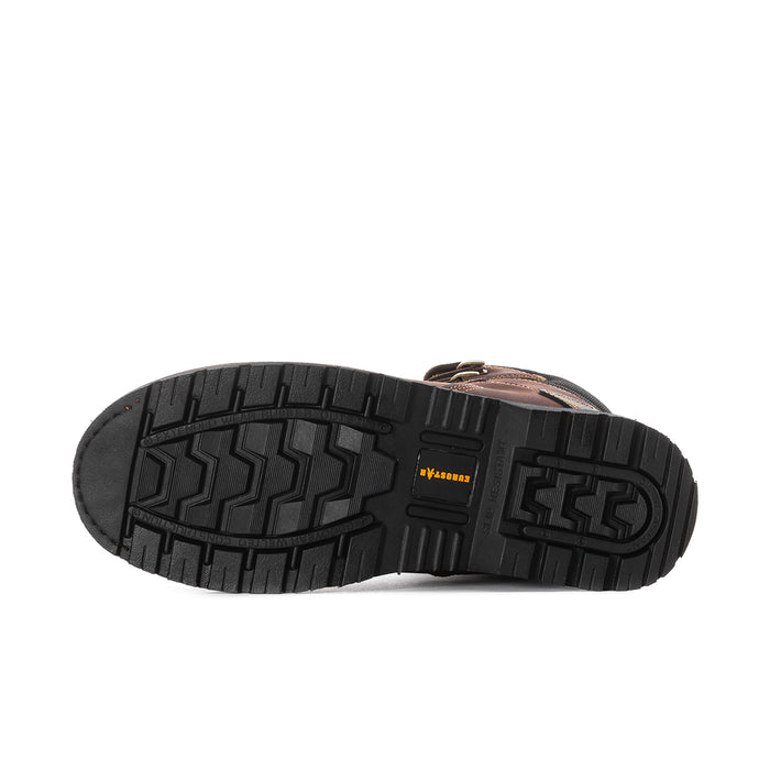 Men's steel-toe work boot outsole, black tread with rugged traction pattern.