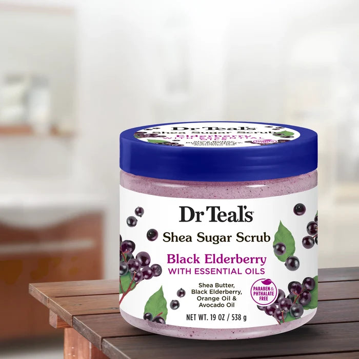 DR TEALS shea suger scrub black elderberry with essential oils مقشر الجسم بالتوت الاسود والشيا من دكتر تيلز