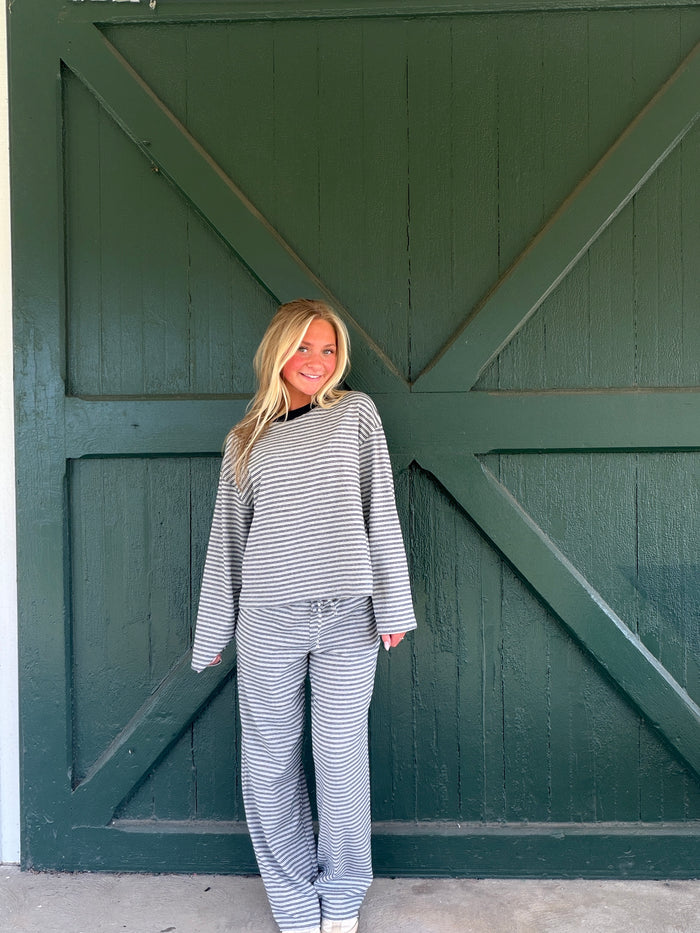 Dylan Heather Grey Stripe Long Sleeve Crew Neck