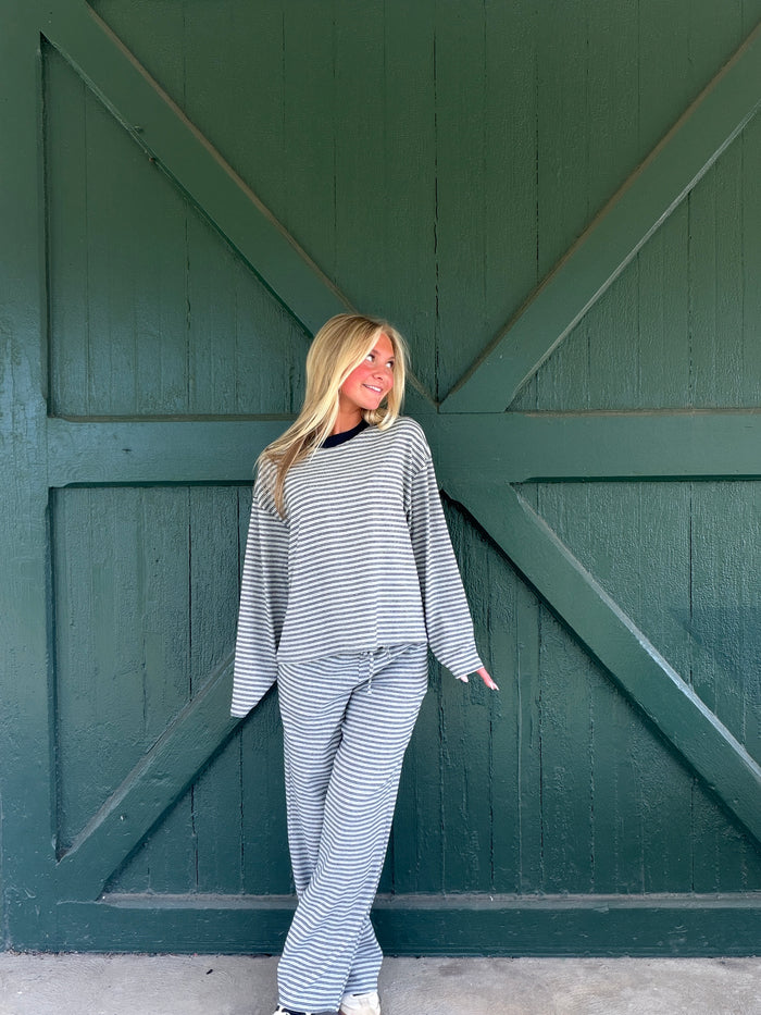 Dylan Heather Grey Stripe Long Sleeve Crew Neck