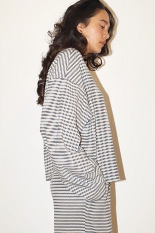 Dylan Heather Grey Stripe Long Sleeve Crew Neck