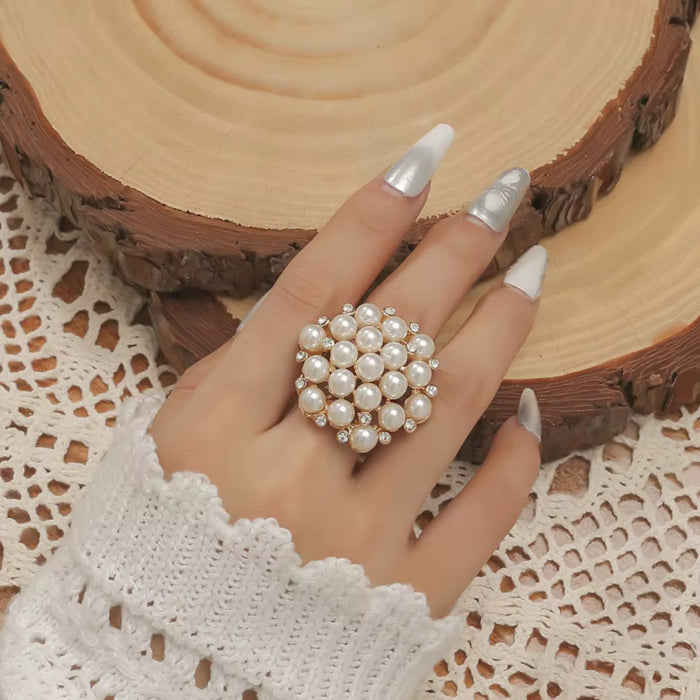 Elegant Faux Pearls & Gold CZ Accents Adjustable Statement Cocktail Finger Ring