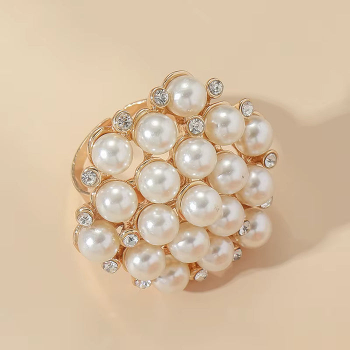 Elegant Faux Pearls & Gold CZ Accents Adjustable Statement Cocktail Finger Ring