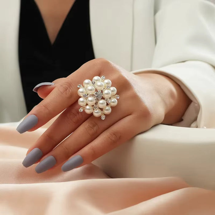 Elegant Faux Pearls & Gold CZ Accents Adjustable Statement Cocktail Finger Ring