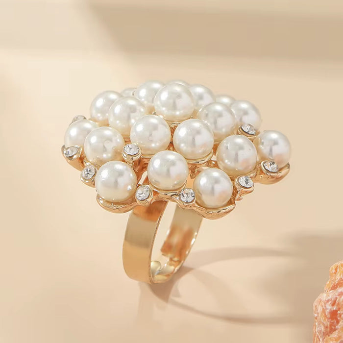 Elegant Faux Pearls & Gold CZ Accents Adjustable Statement Cocktail Finger Ring