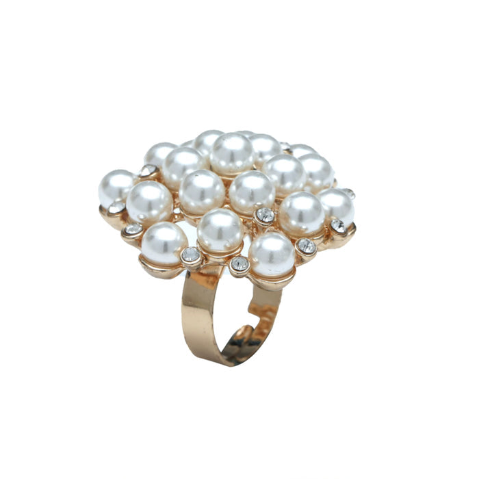 Elegant Faux Pearls & Gold CZ Accents Adjustable Statement Cocktail Finger Ring